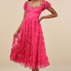 Lulus Notable Elegance Fuchsia Mesh Floral Applique Bustier Midi Dress Pink
